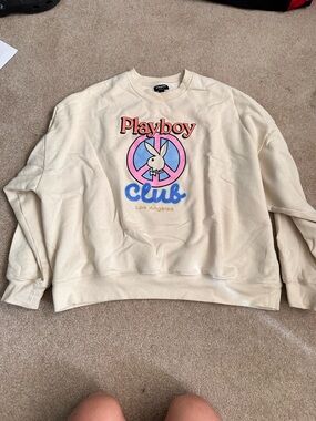 PLAYBOY Cream Crewneck Sweatshirt with Pink & Blue Graphic